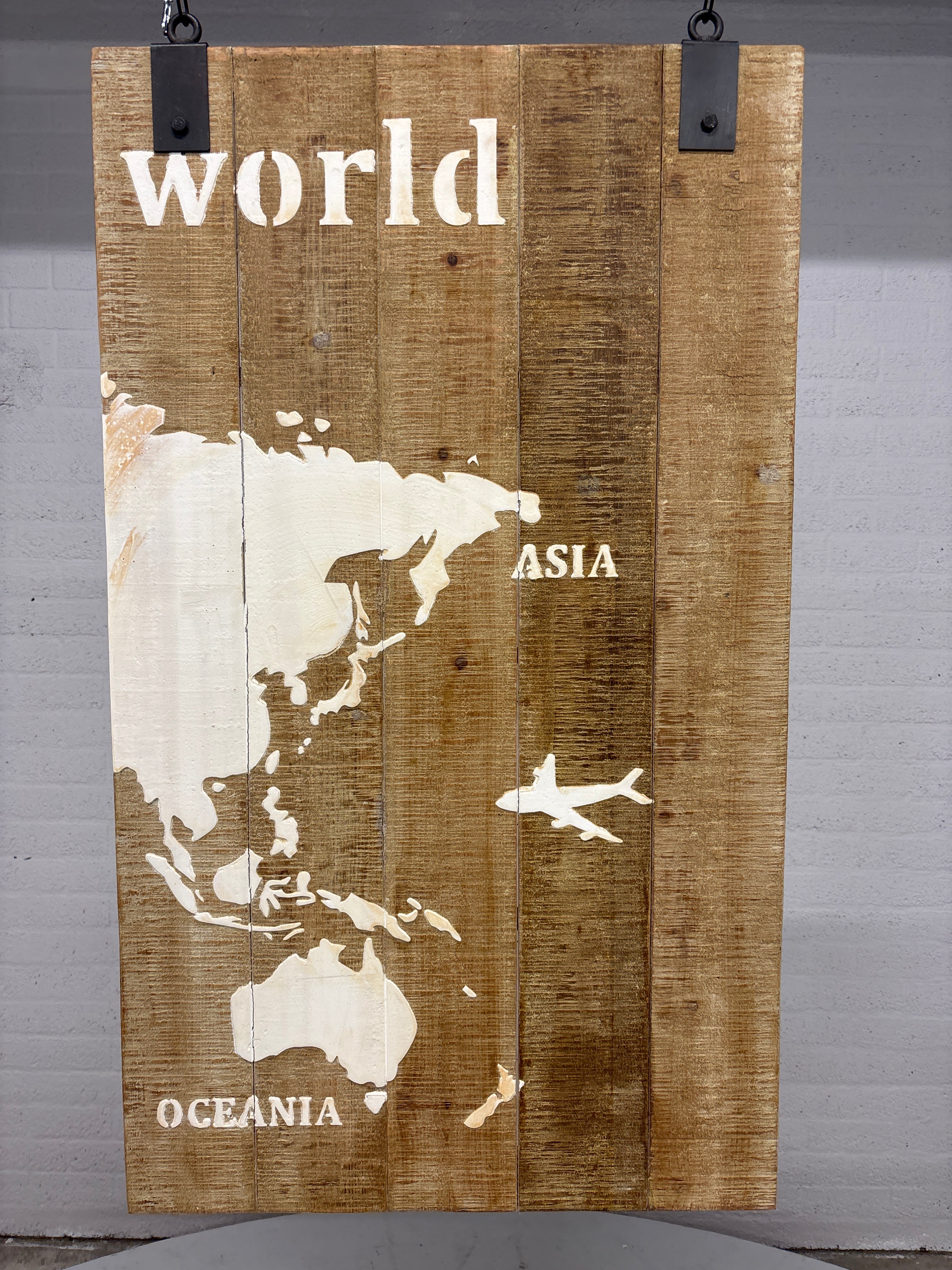 Wereldkaart op 3 houten borden decoratief