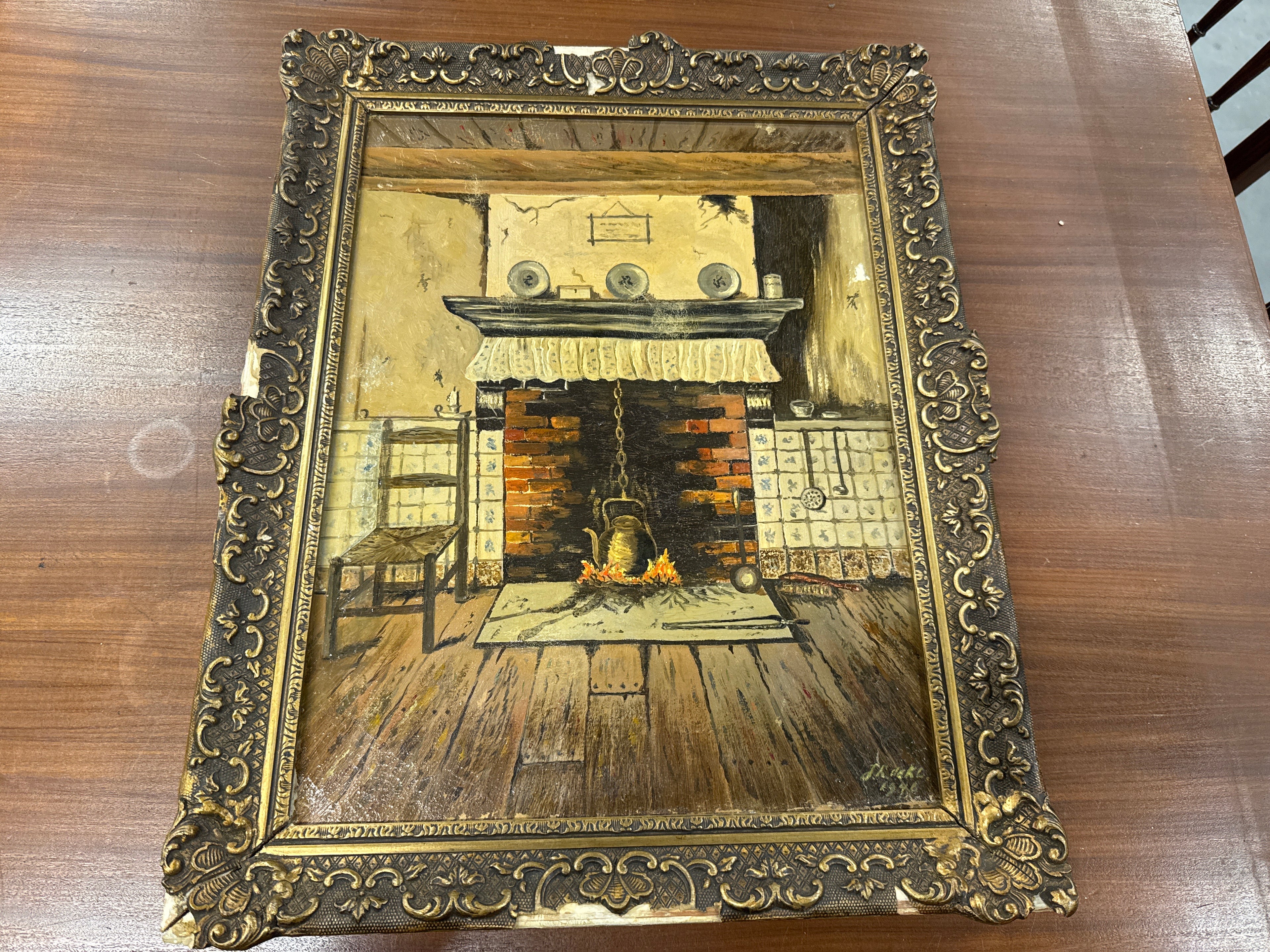 Olieverf haardvuur met lijst