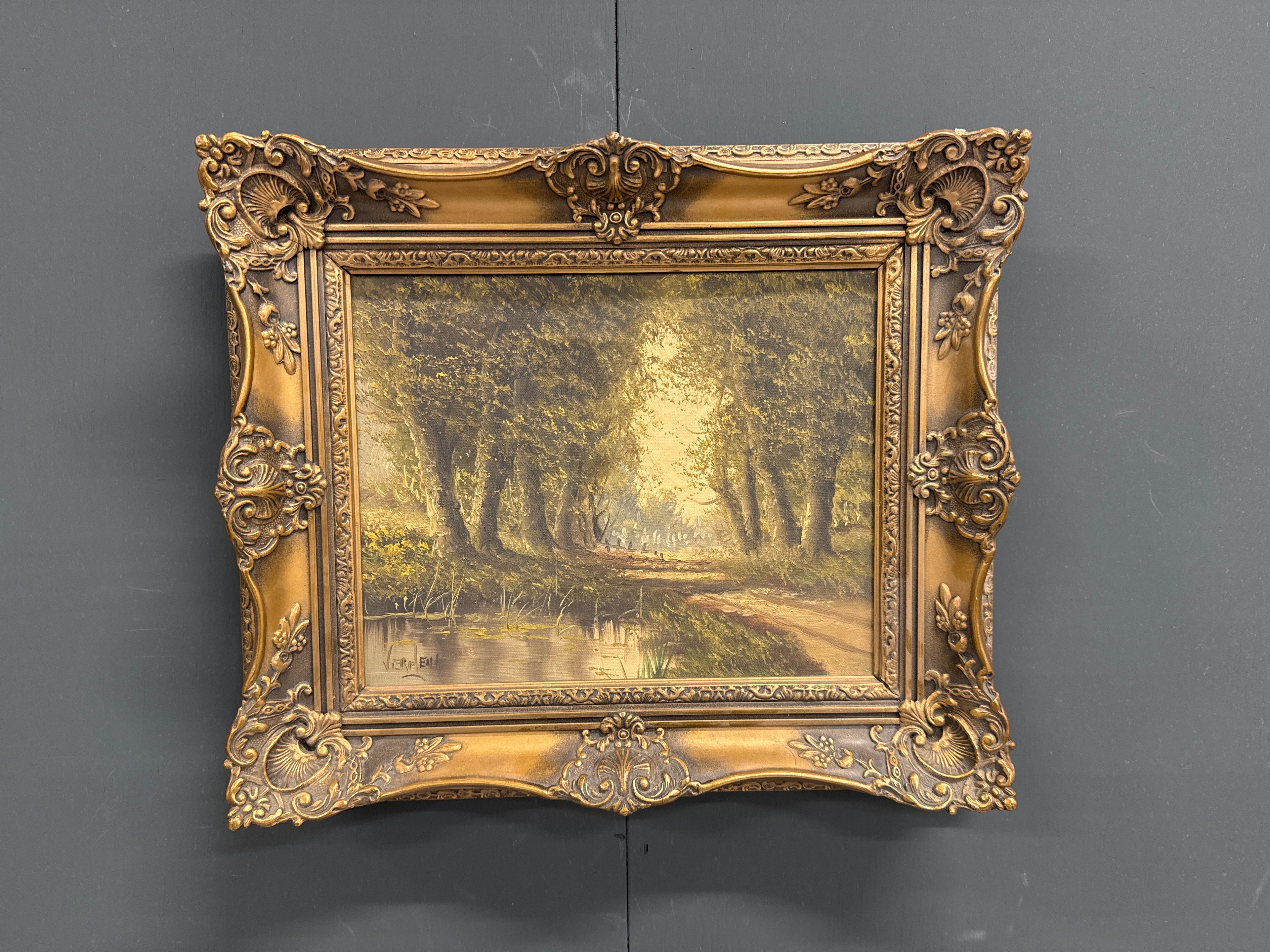 Schilderijtje boszicht rijke lijst