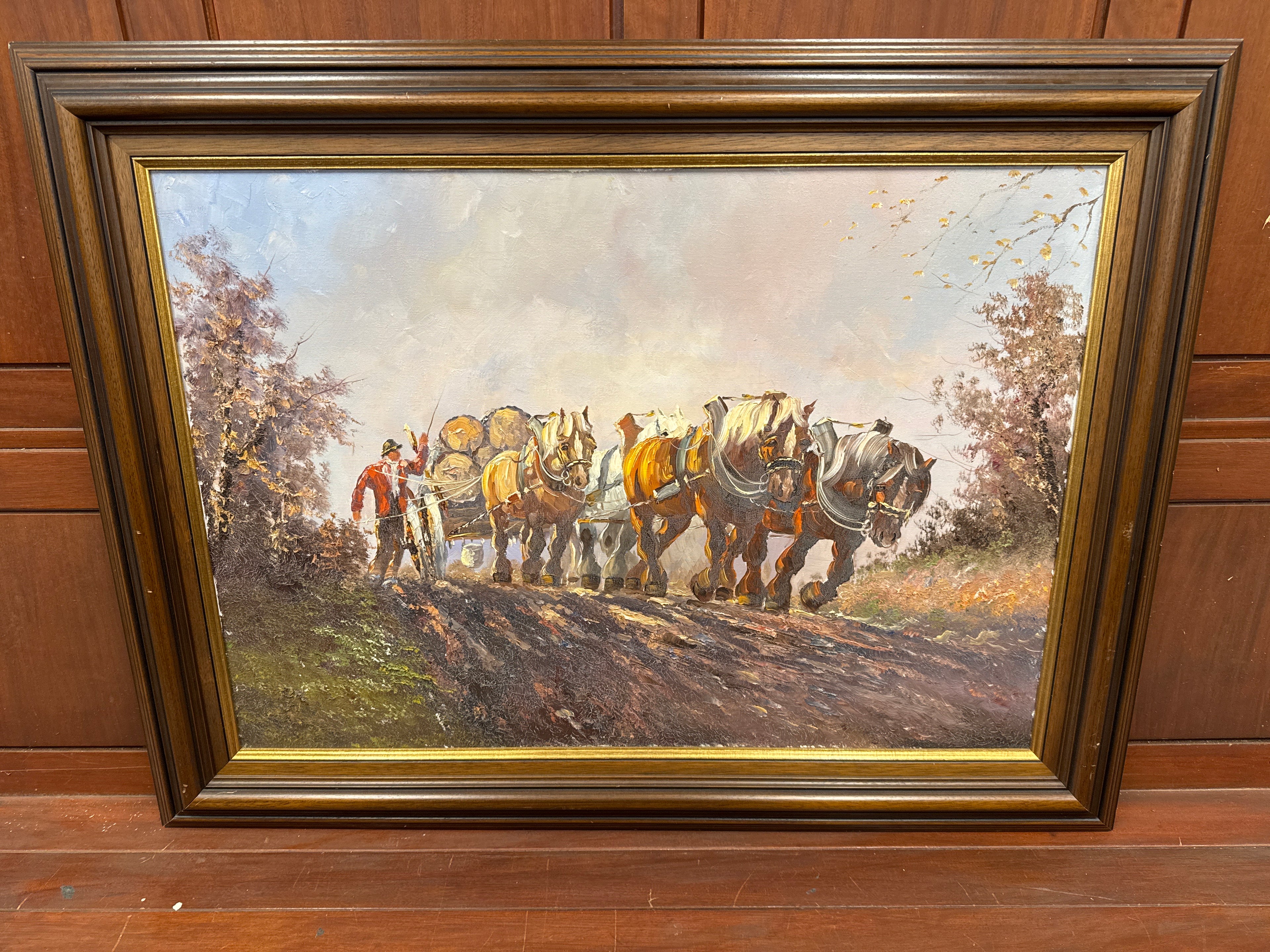 Schilderij paarden en kar