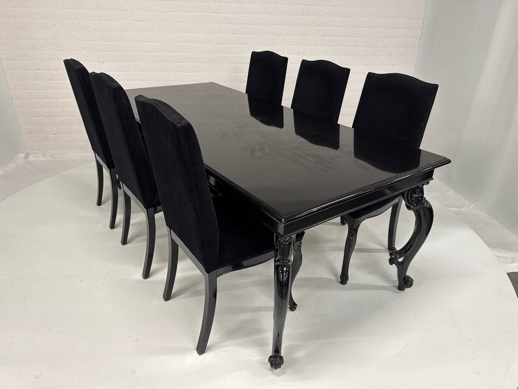 Retro barok style lak tafel met 6 bijpassende stoelen