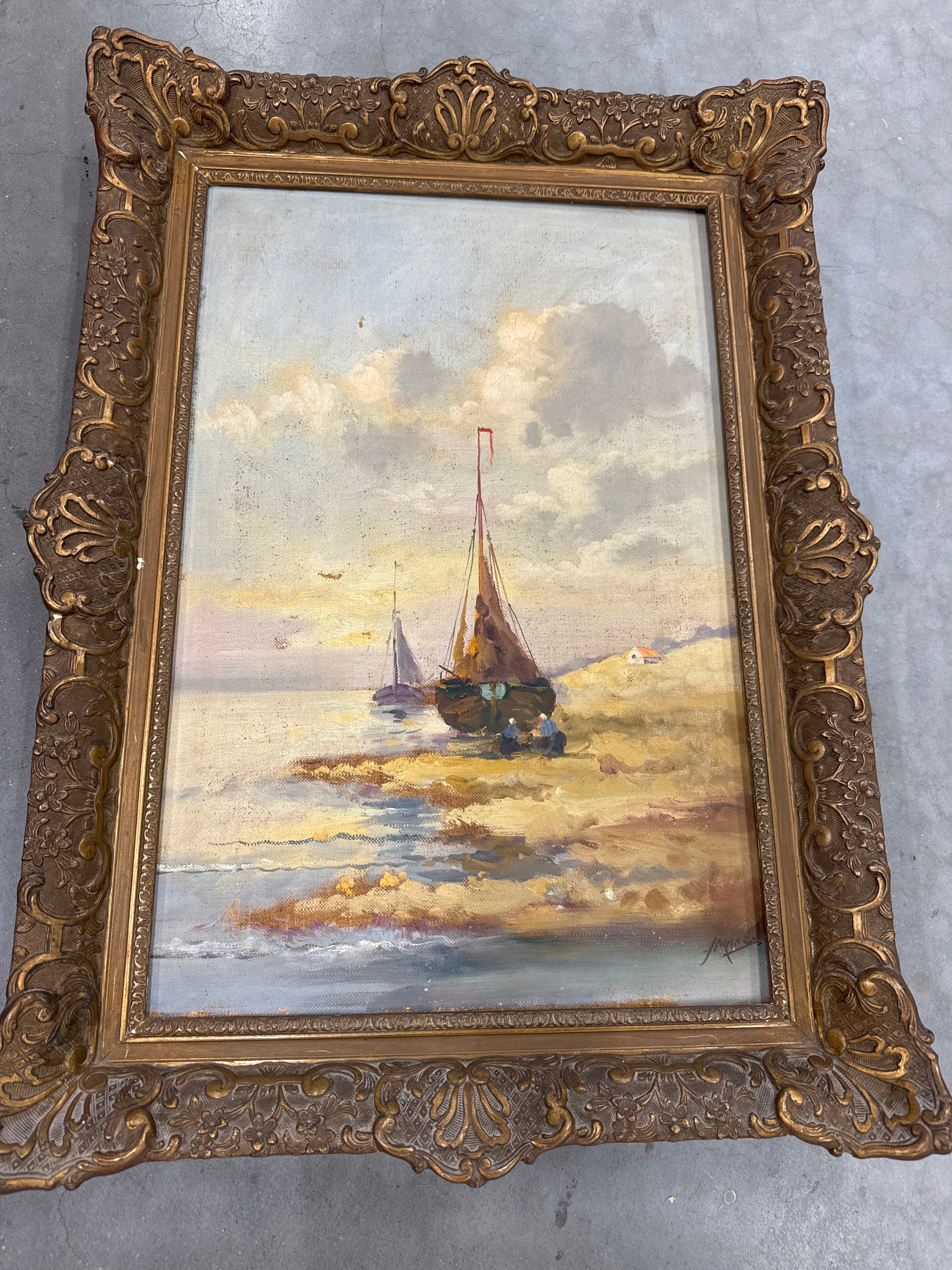 Schilderij schip op strand