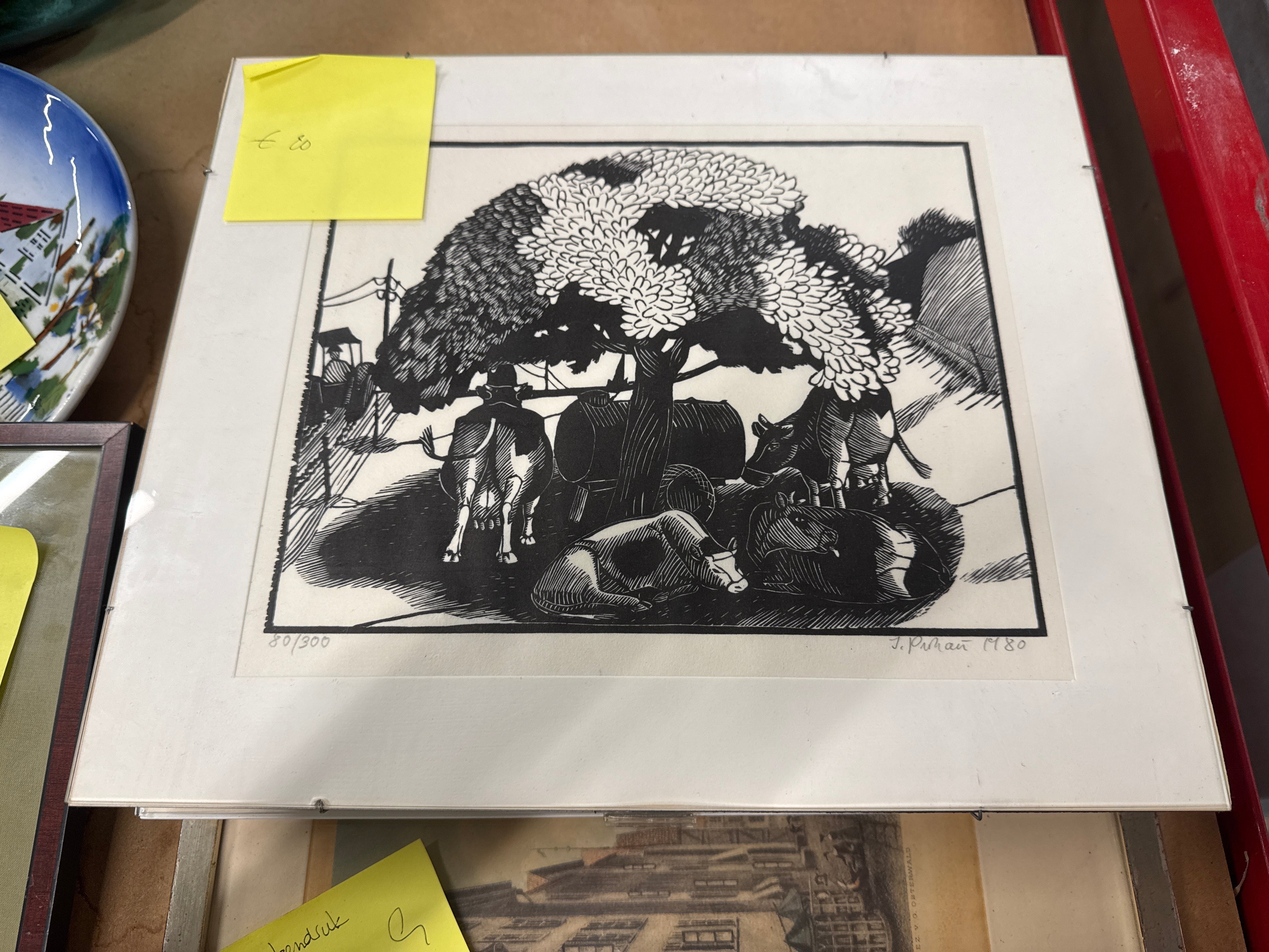 Hout/Linosnede - Koeien onder boom - 80 van 300