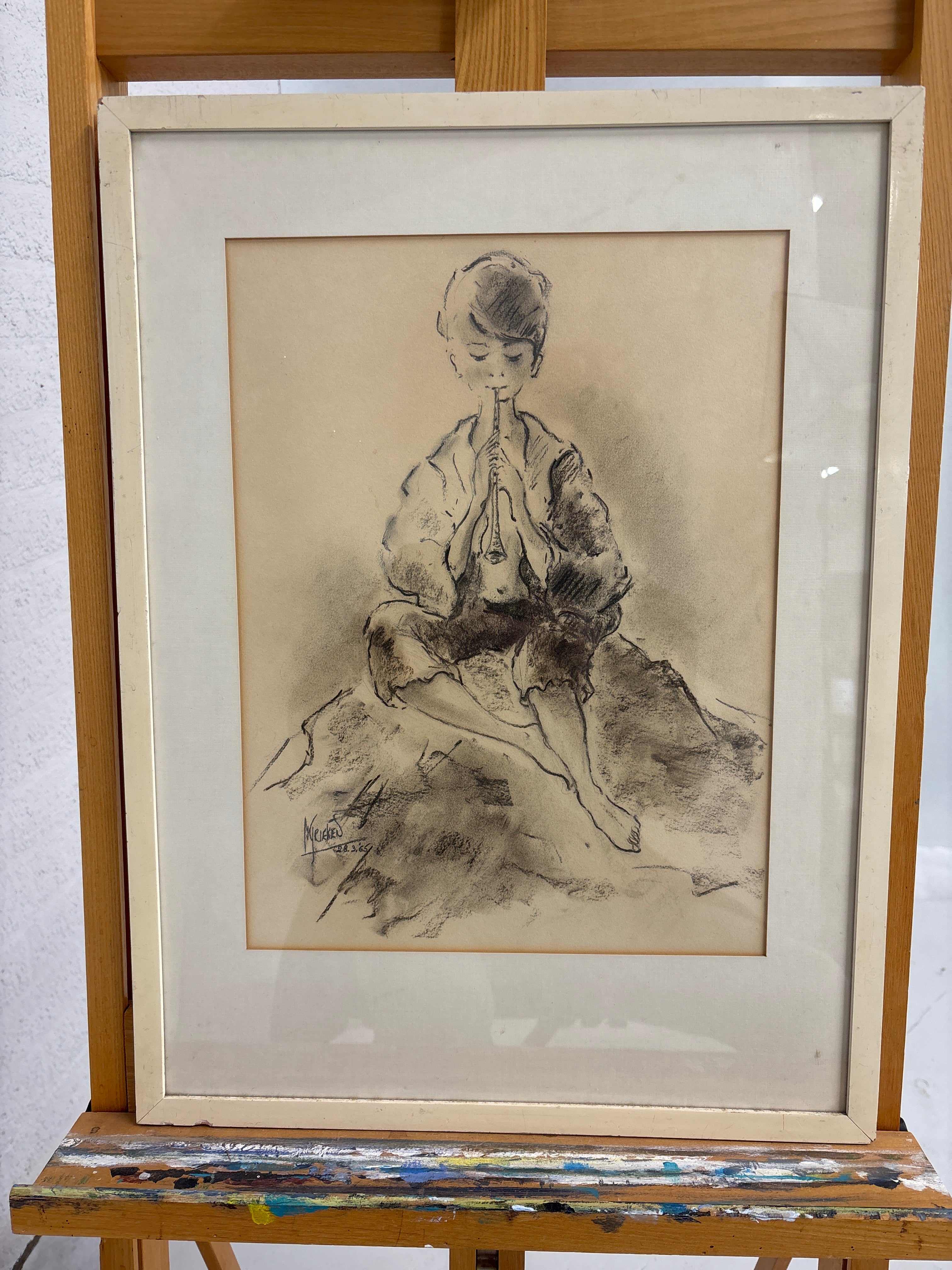 Houtskool, jongen met fluit, gesigneerd 1965
