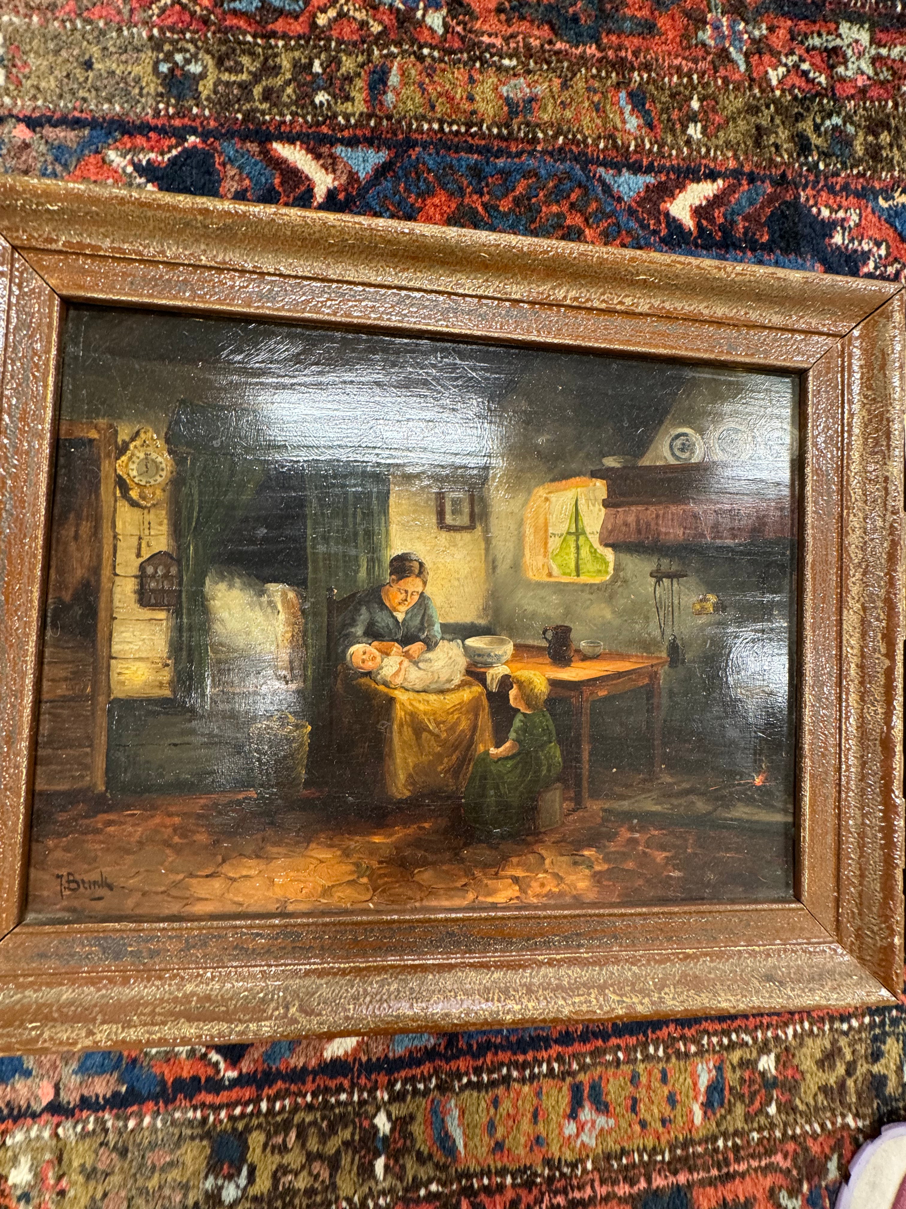 Interieur op paneel gesigneerd