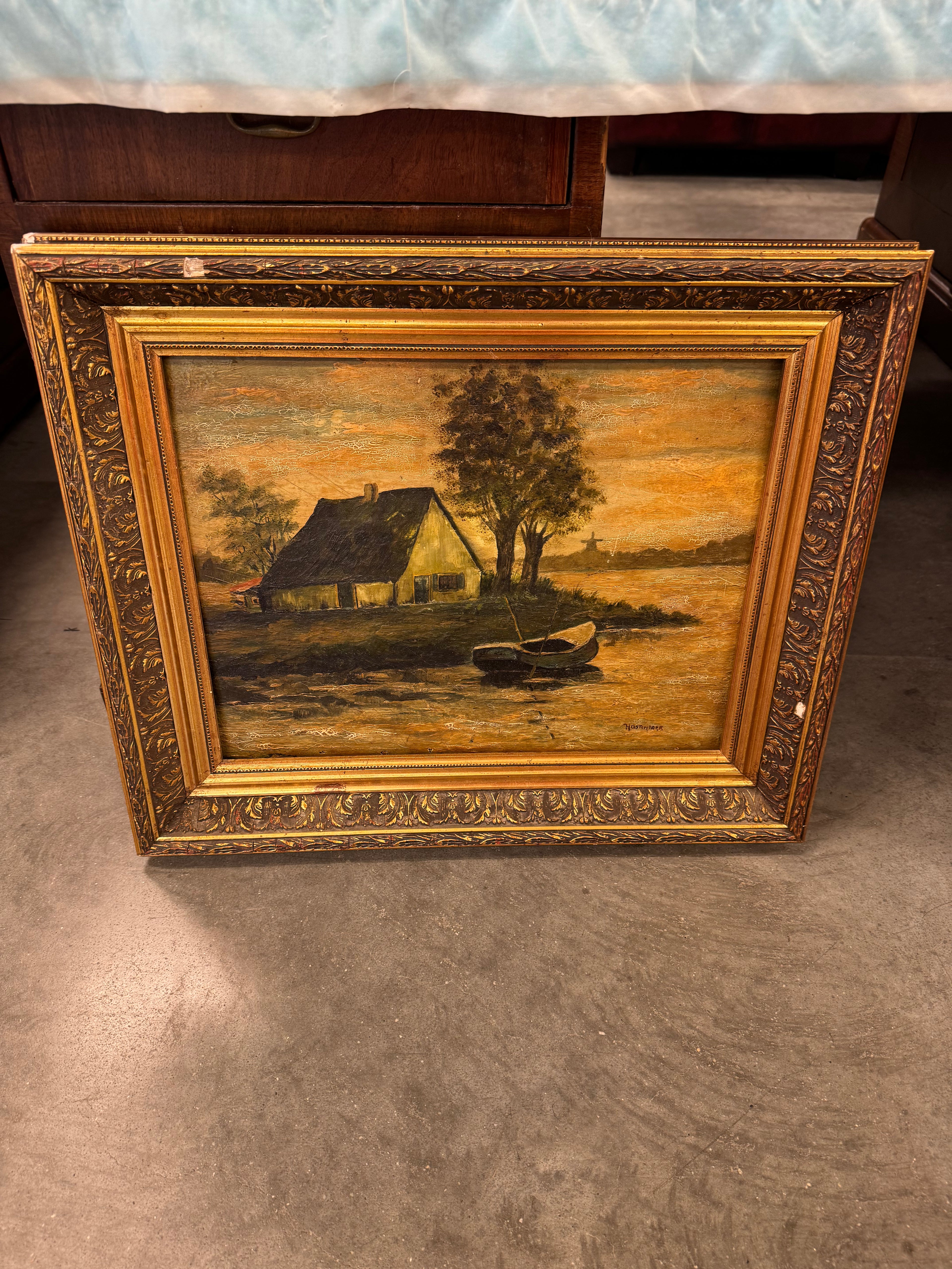 Schilderij stilleven langs water