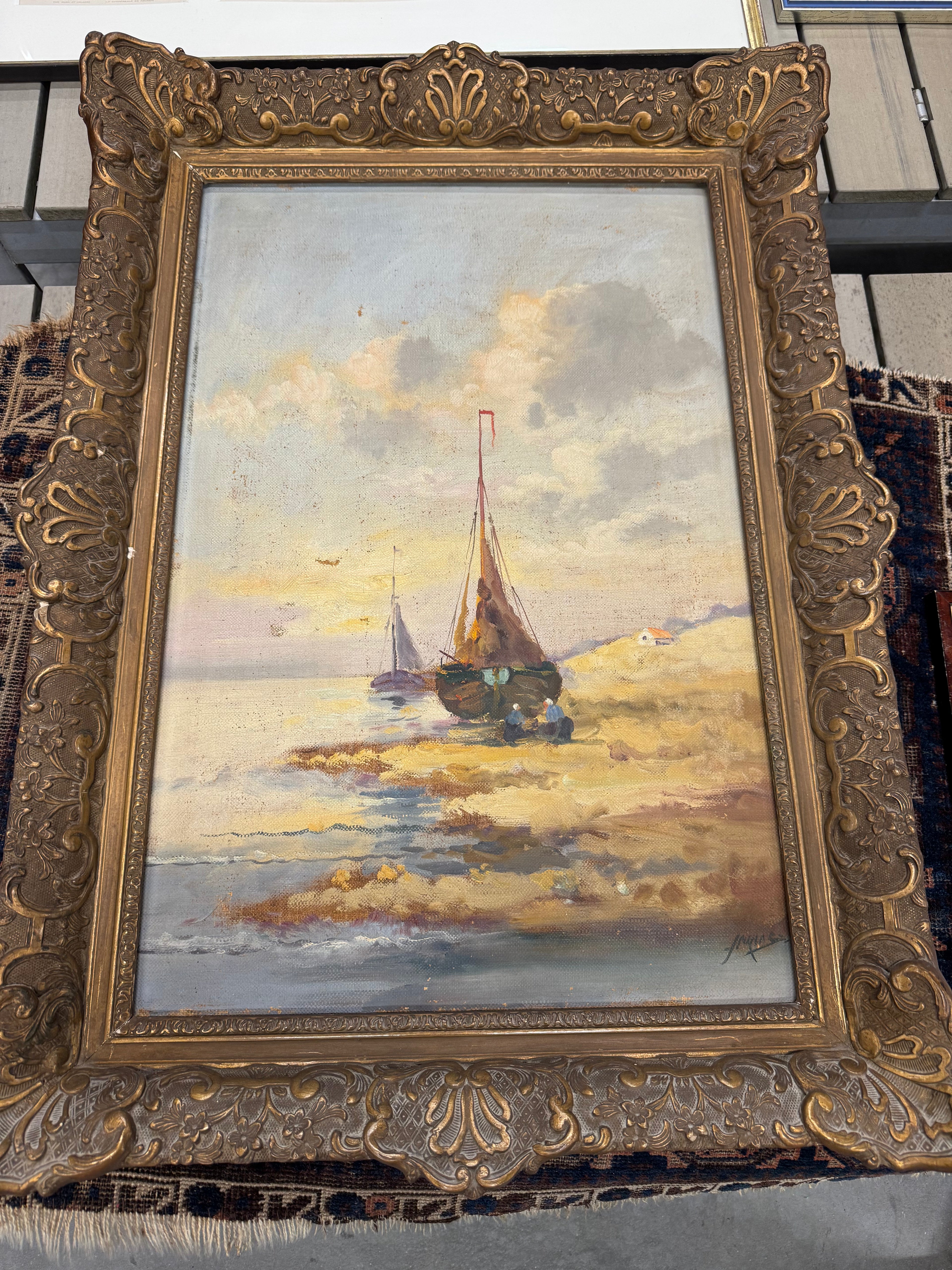 Schilderij schip op strand