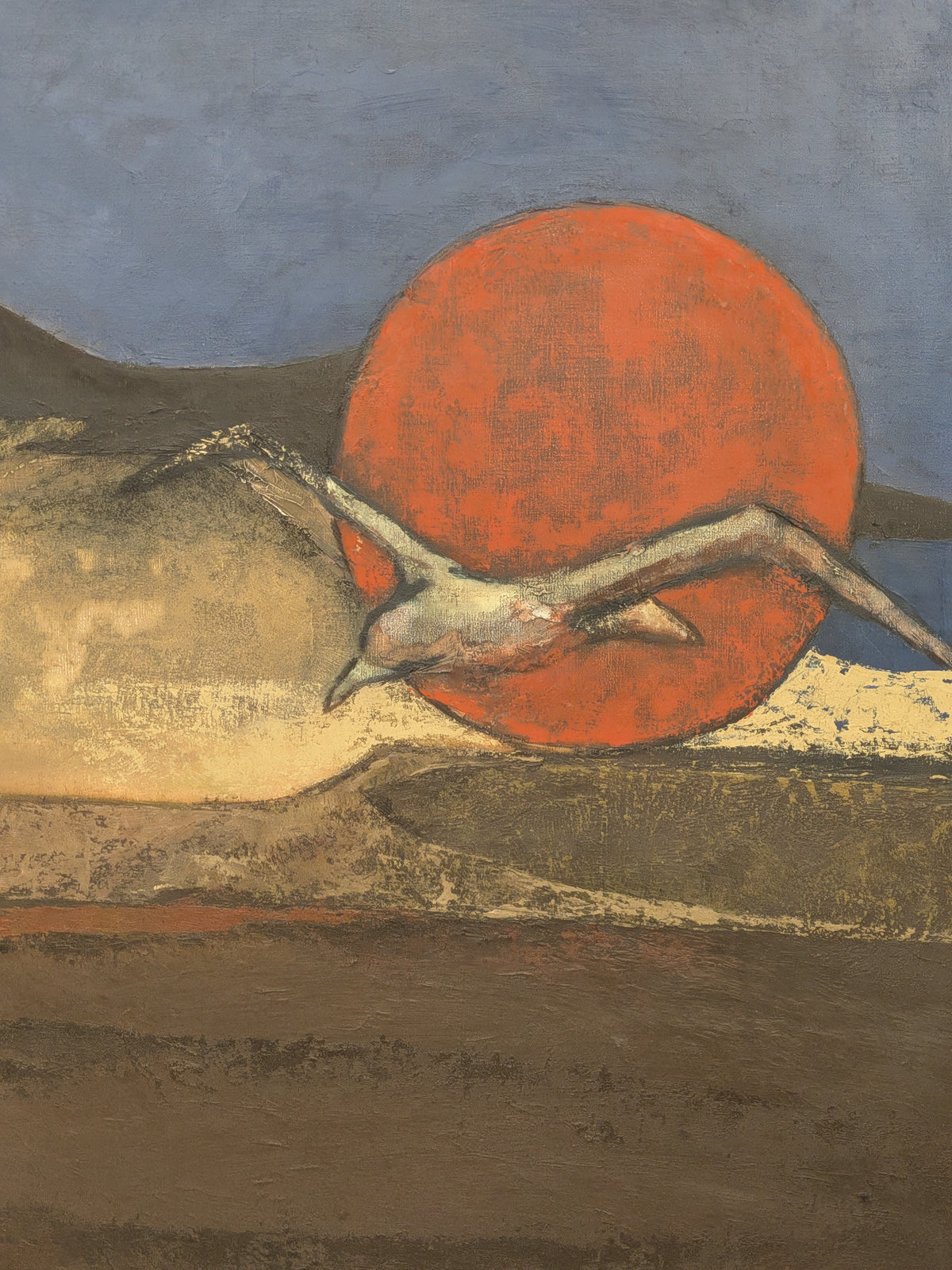 Schilderij landschap met rode zon en vogel, 1975