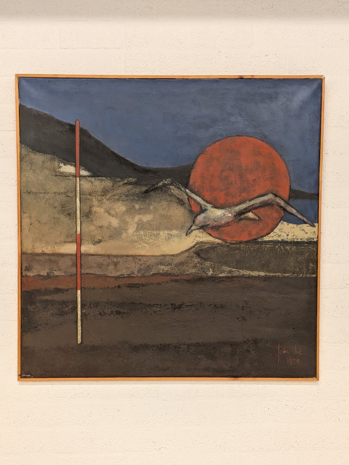 Schilderij landschap met rode zon en vogel, 1975