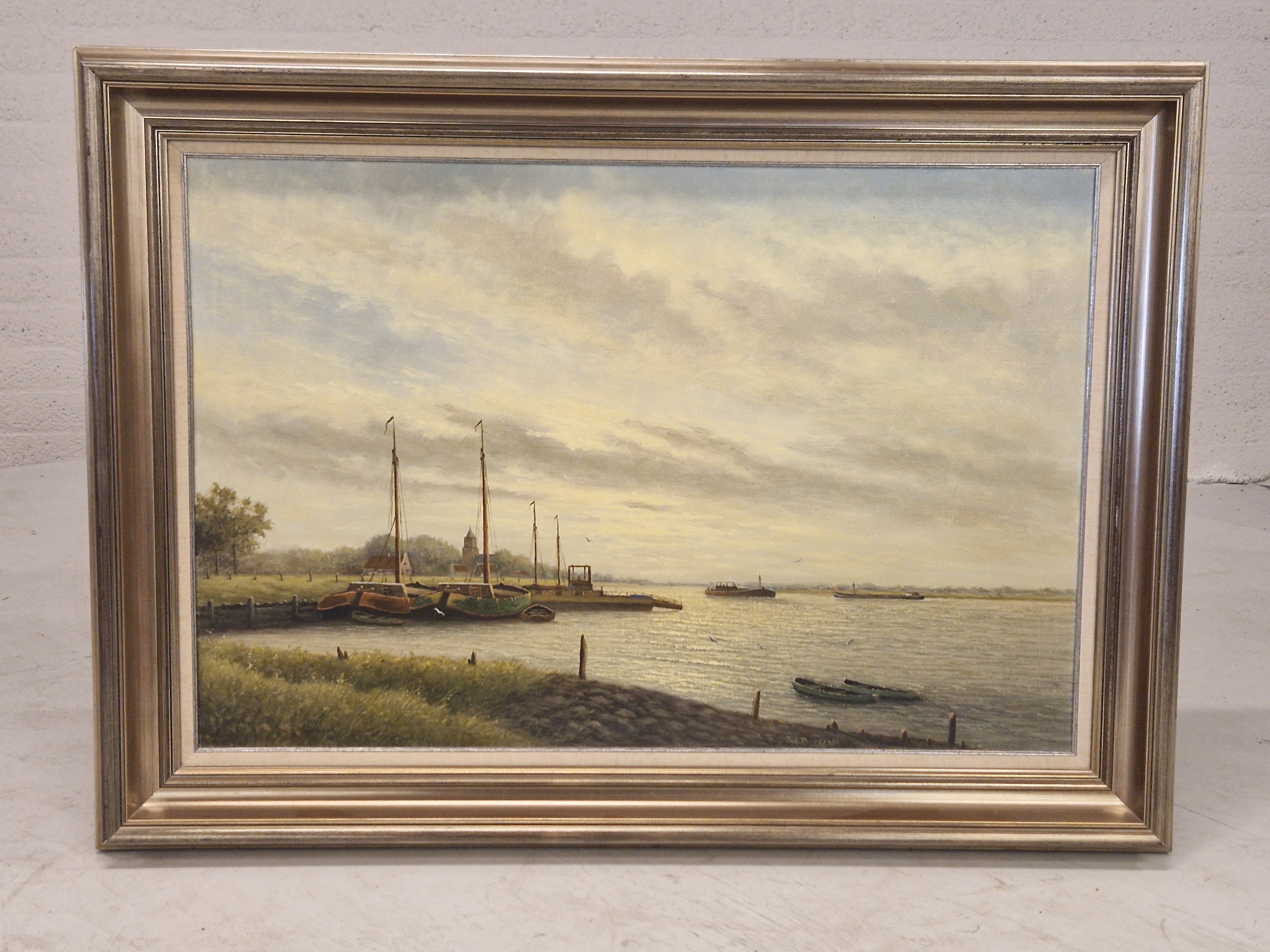 Schilderij riviergezicht, gesigneerd