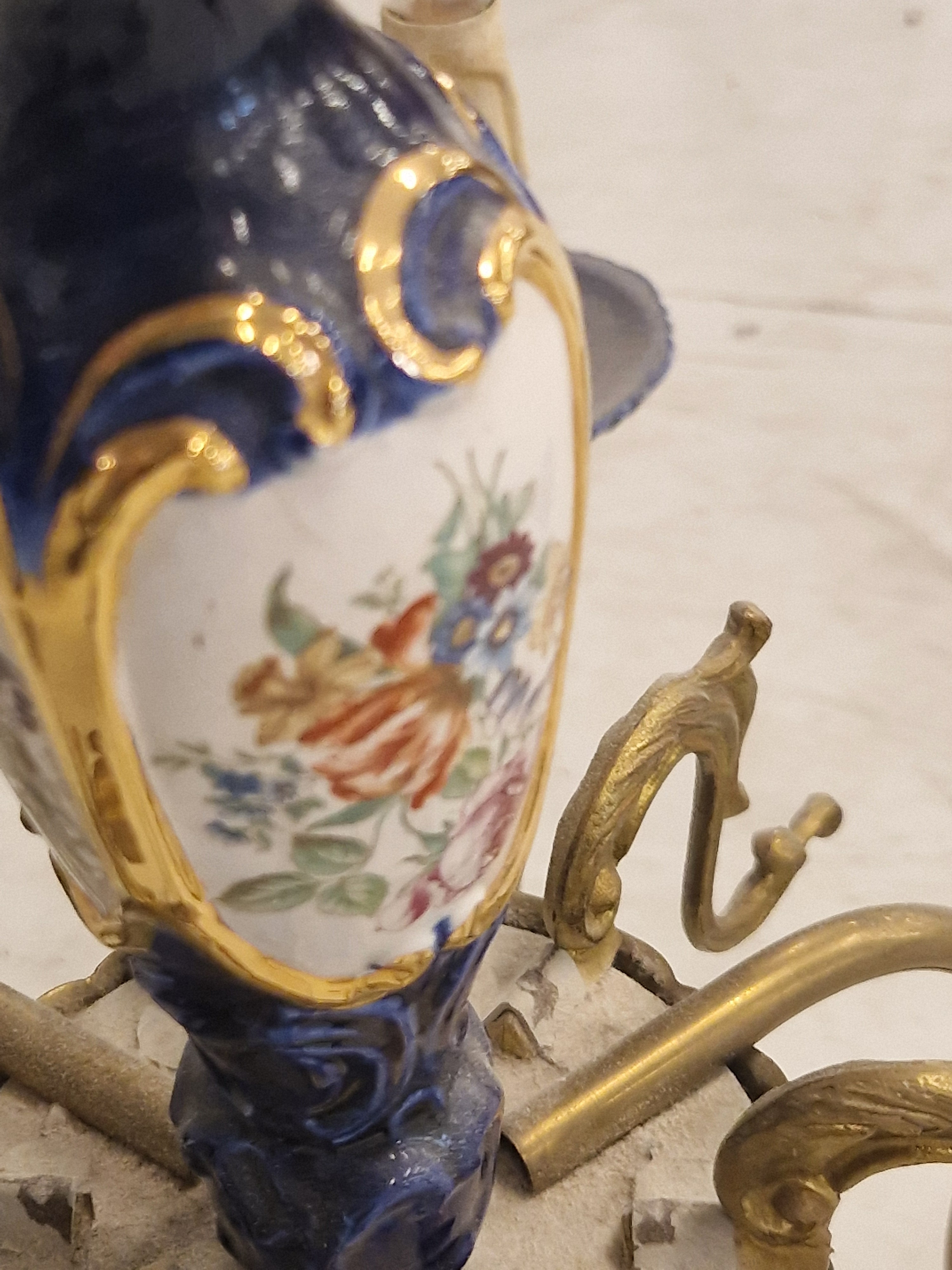 Kroonluchter 6 Armverlichting Keramiek Porselein Keramiek Messing Italiaans Blauw Goud