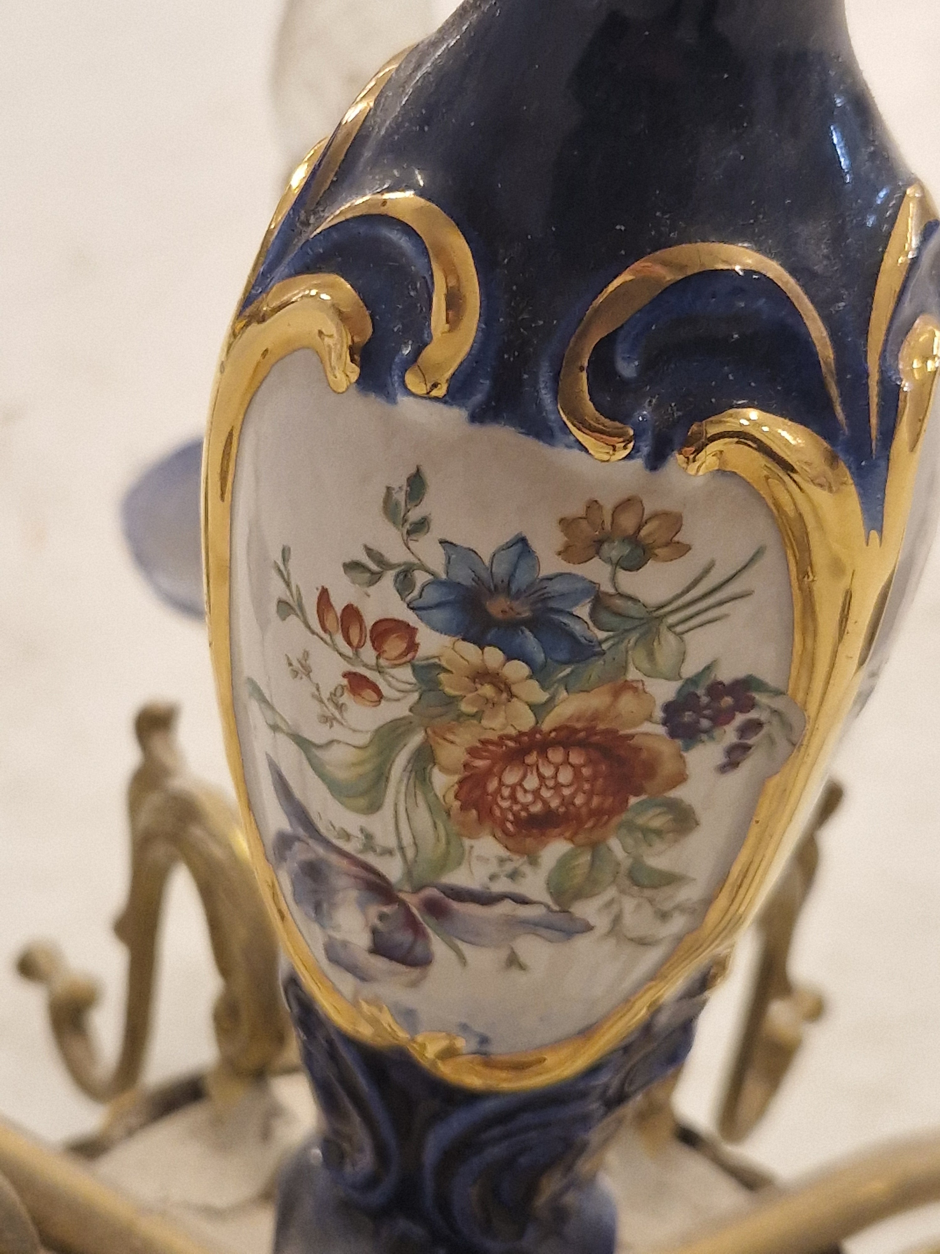 Kroonluchter 6 Armverlichting Keramiek Porselein Keramiek Messing Italiaans Blauw Goud