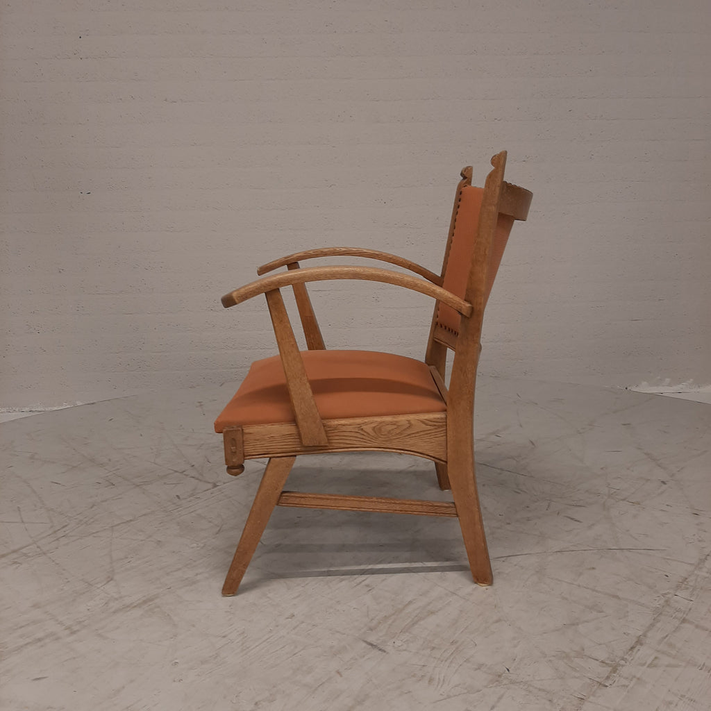 Vintage eiken fauteuil oranje bekleding