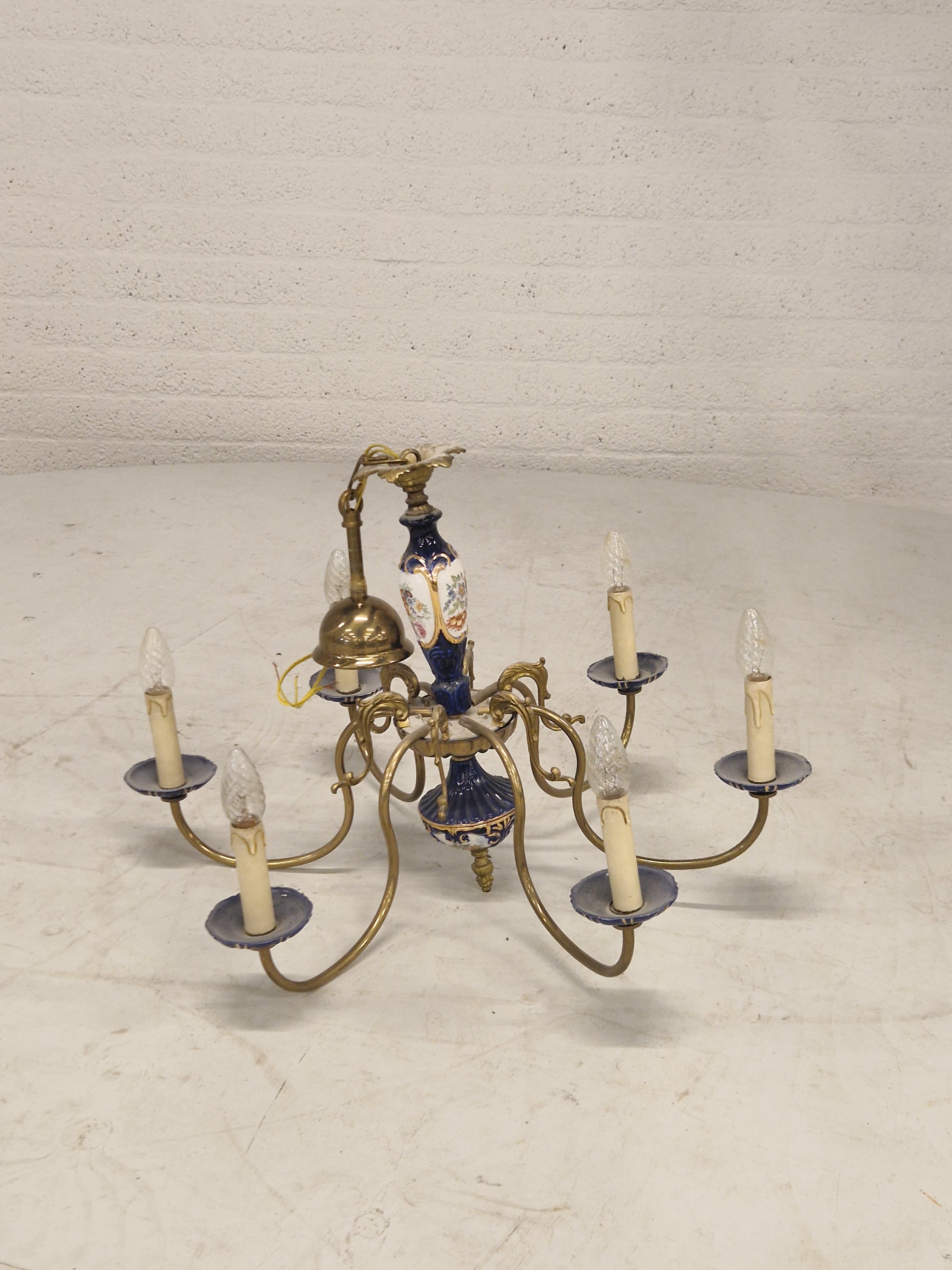 Kroonluchter 6 Armverlichting Keramiek Porselein Keramiek Messing Italiaans Blauw Goud