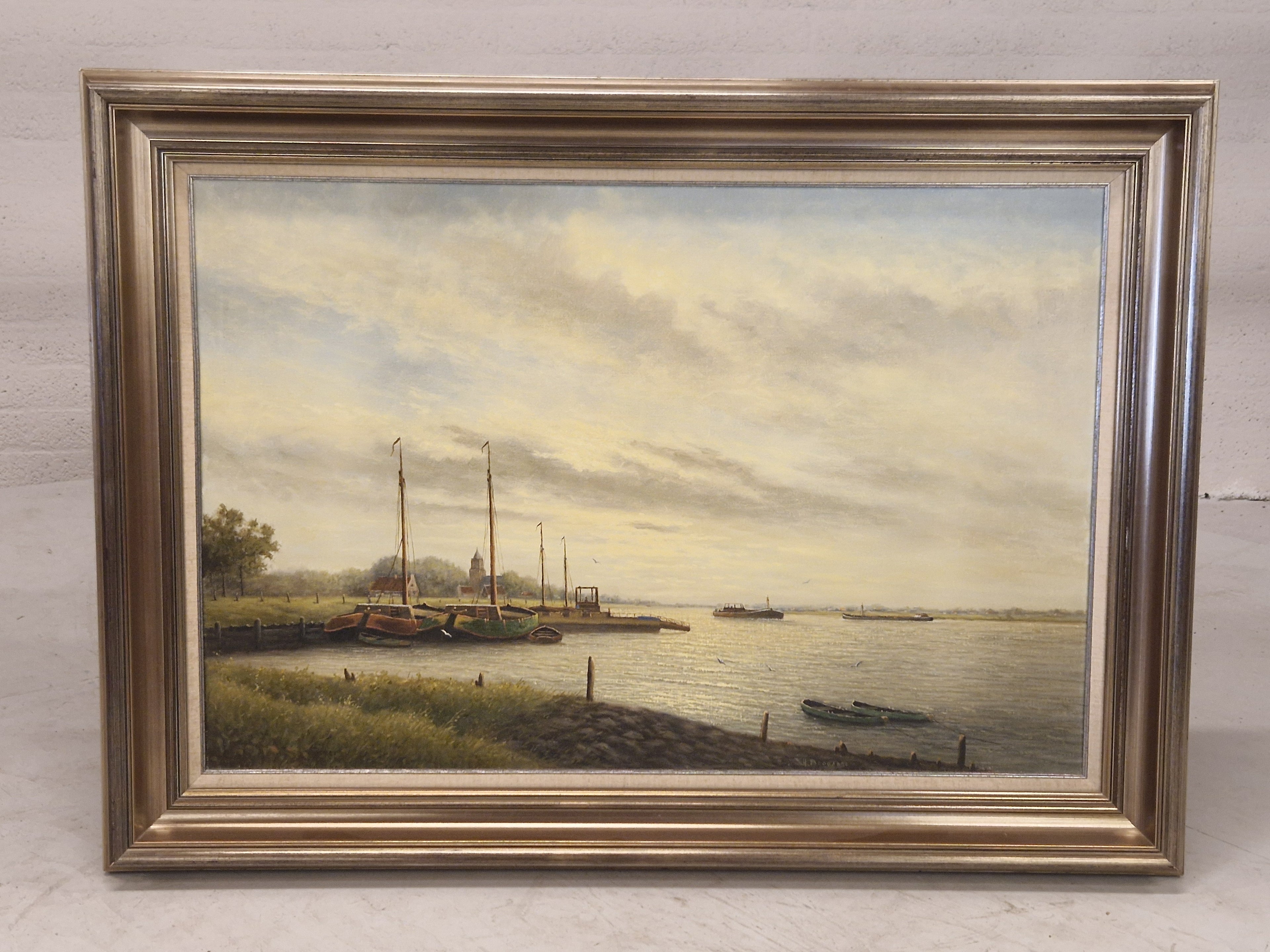 Schilderij riviergezicht, gesigneerd