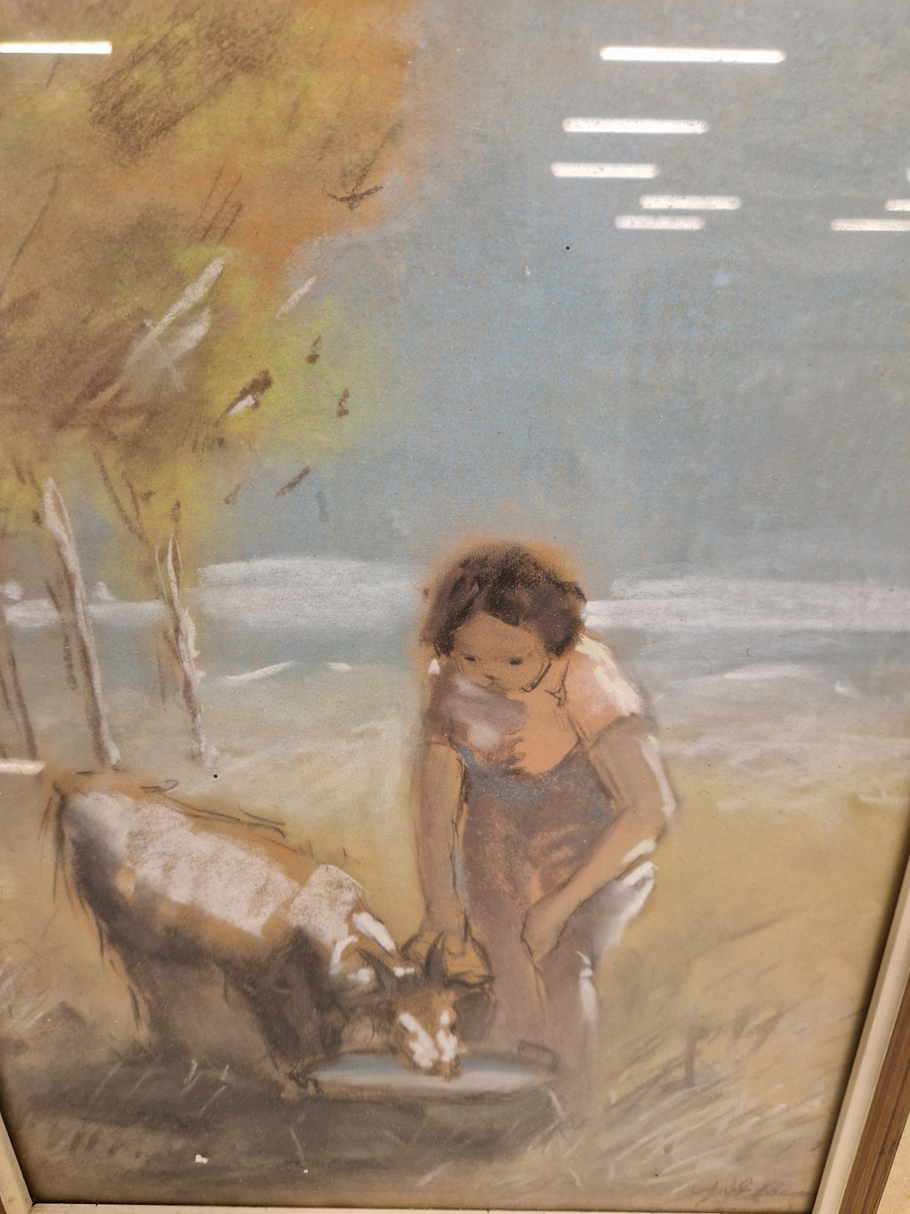 Gesigneerde pastel, vrouw bij geitje