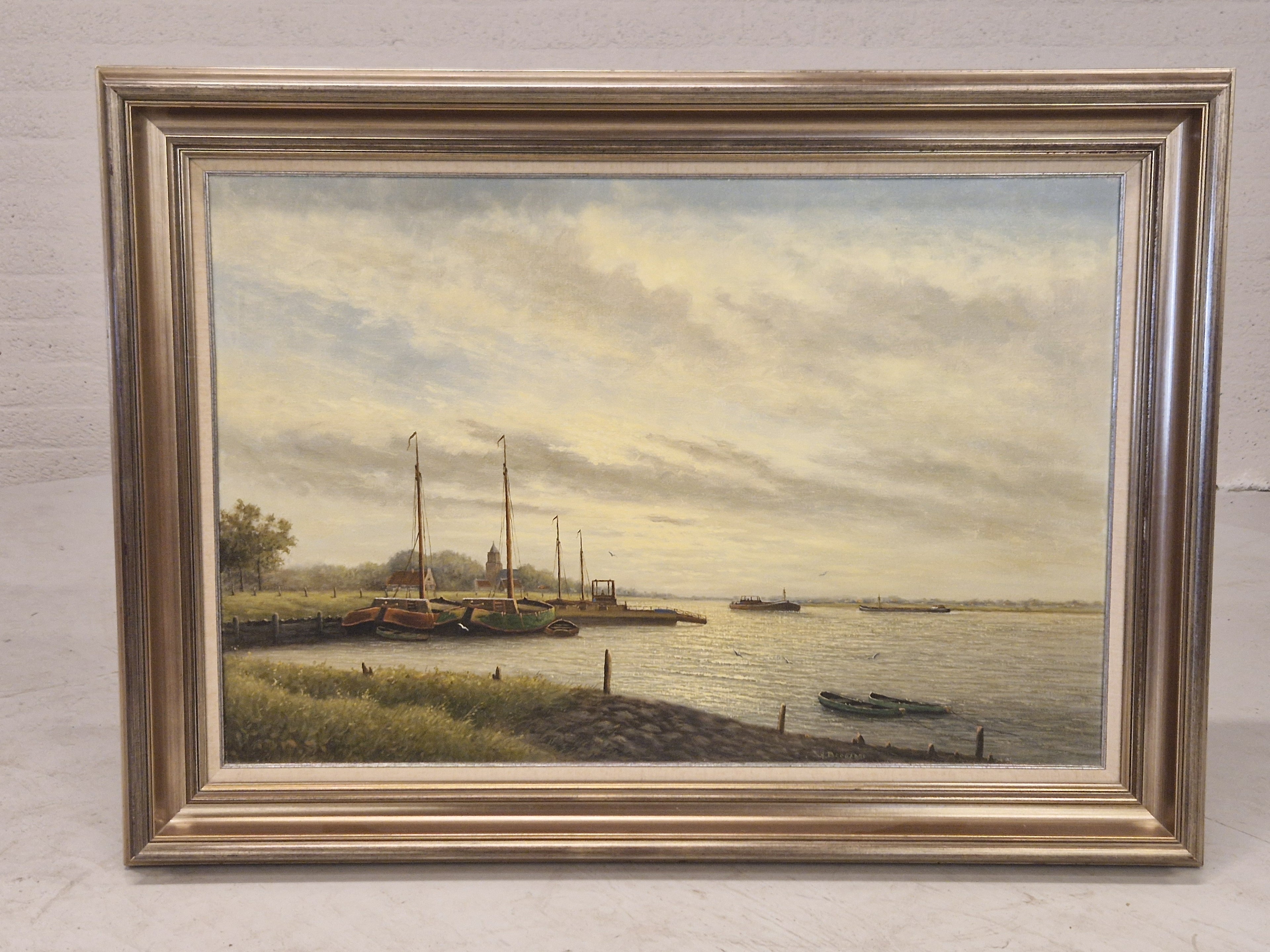 Schilderij riviergezicht, gesigneerd