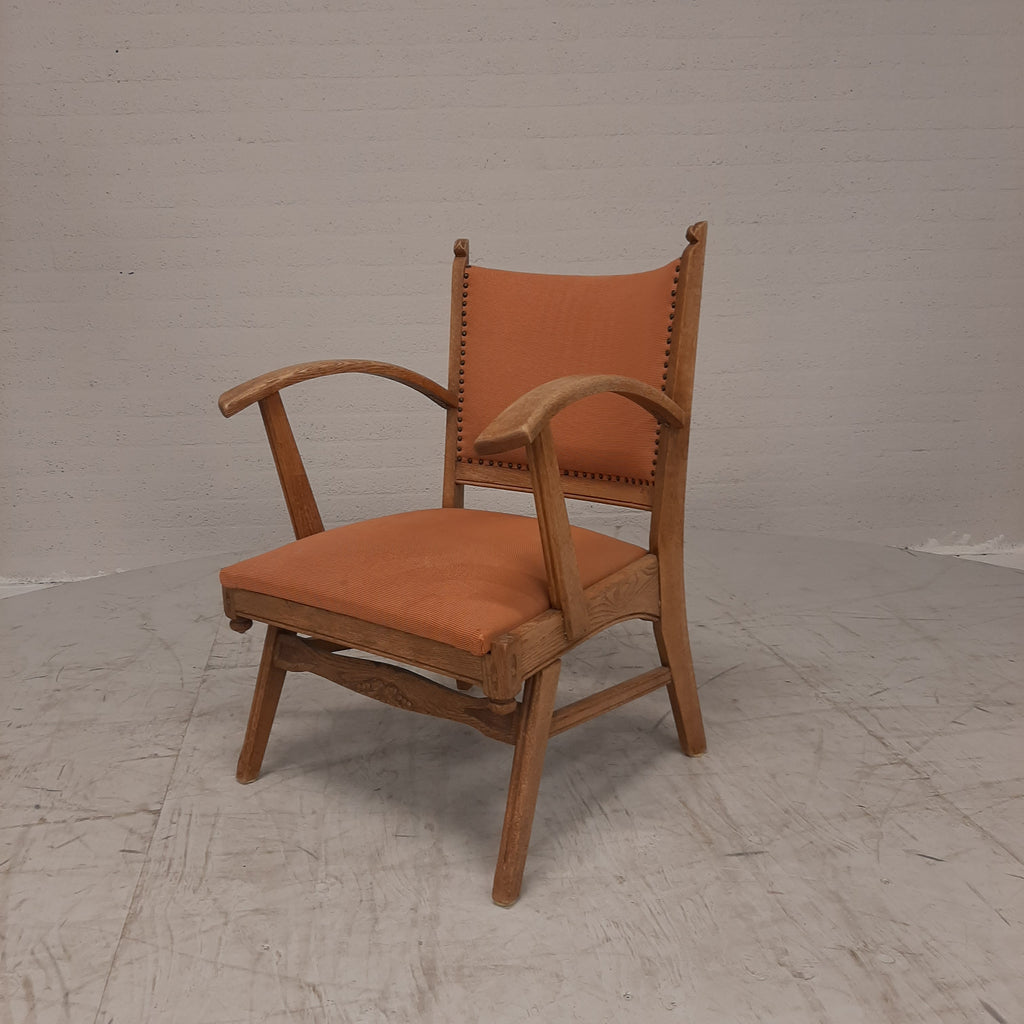 Vintage eiken fauteuil oranje bekleding