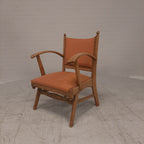 Vintage eiken fauteuil oranje bekleding