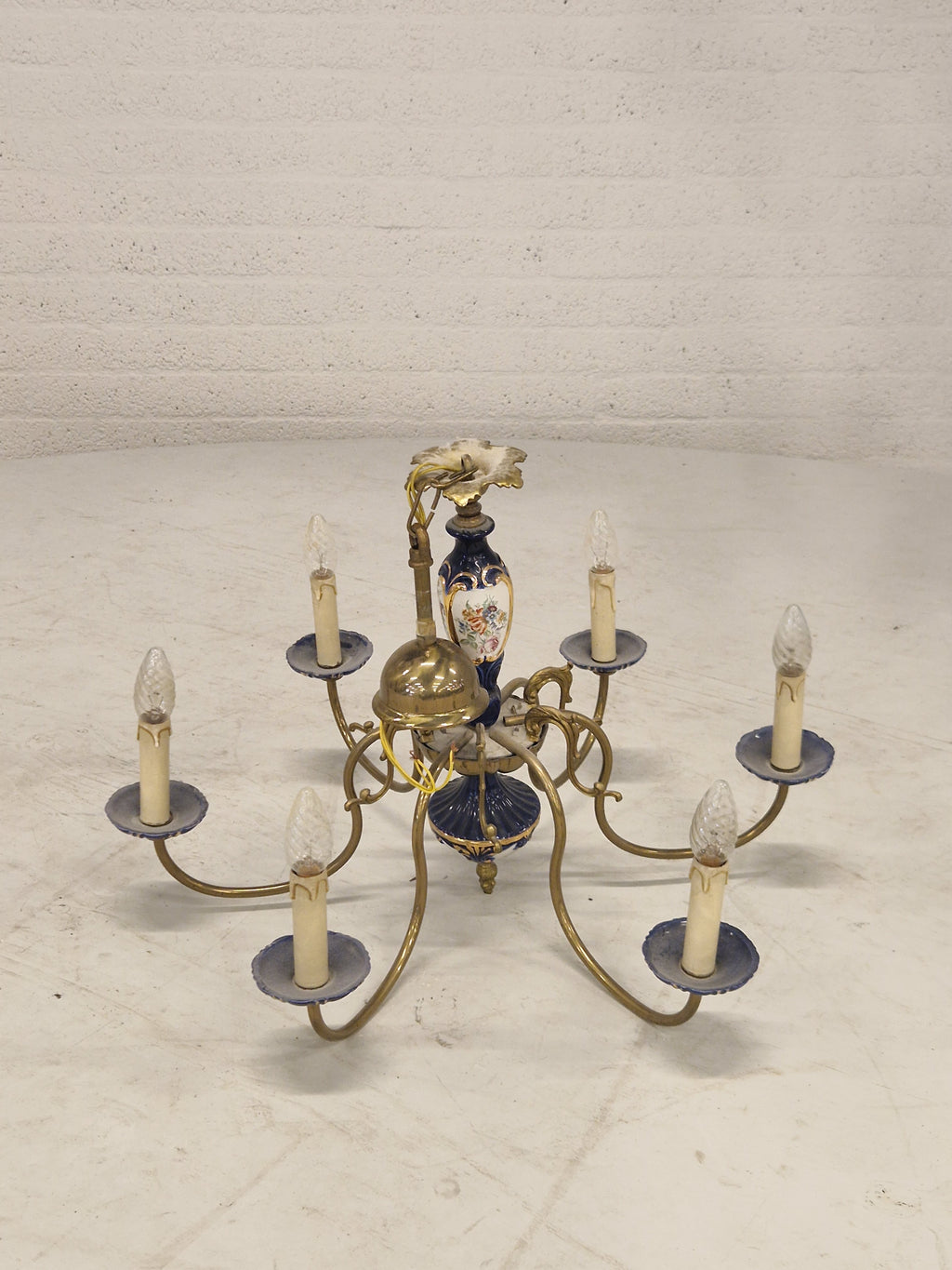 Kroonluchter 6 Armverlichting Keramiek Porselein Keramiek Messing Italiaans Blauw Goud