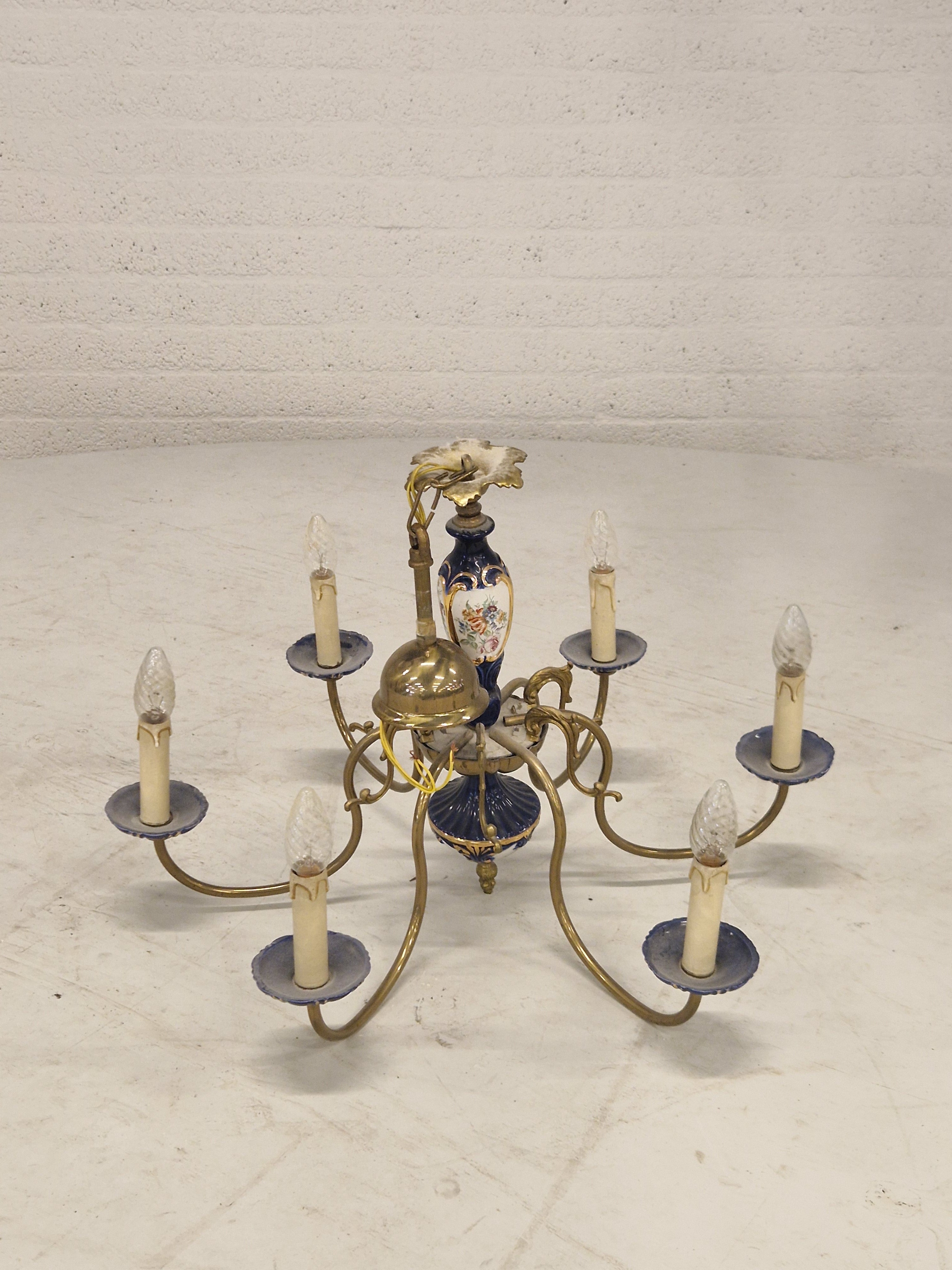 Kroonluchter 6 Armverlichting Keramiek Porselein Keramiek Messing Italiaans Blauw Goud