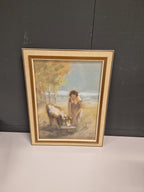Gesigneerde pastel, vrouw bij geitje
