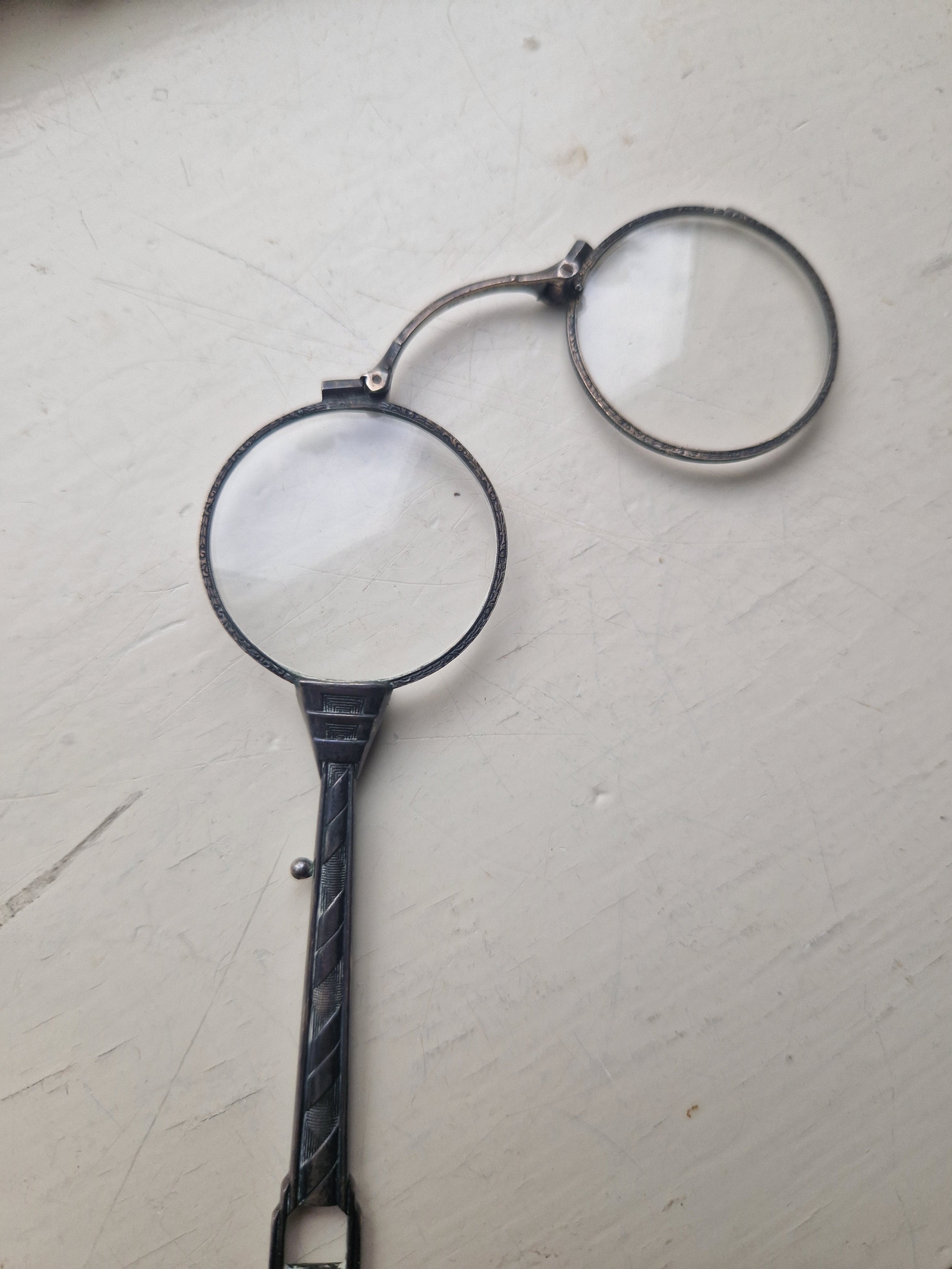 Lorgnet, opvouwbare bril, sterling zilver