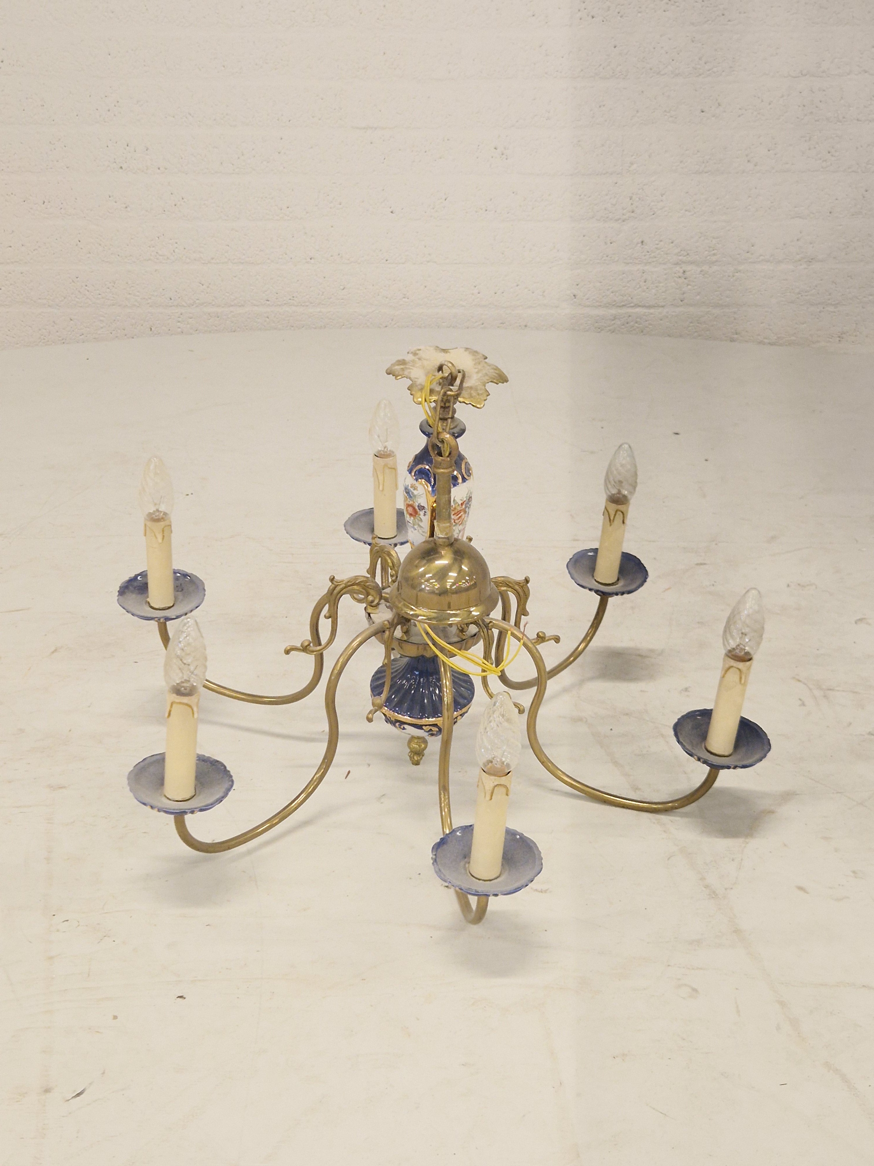 Kroonluchter 6 Armverlichting Keramiek Porselein Keramiek Messing Italiaans Blauw Goud