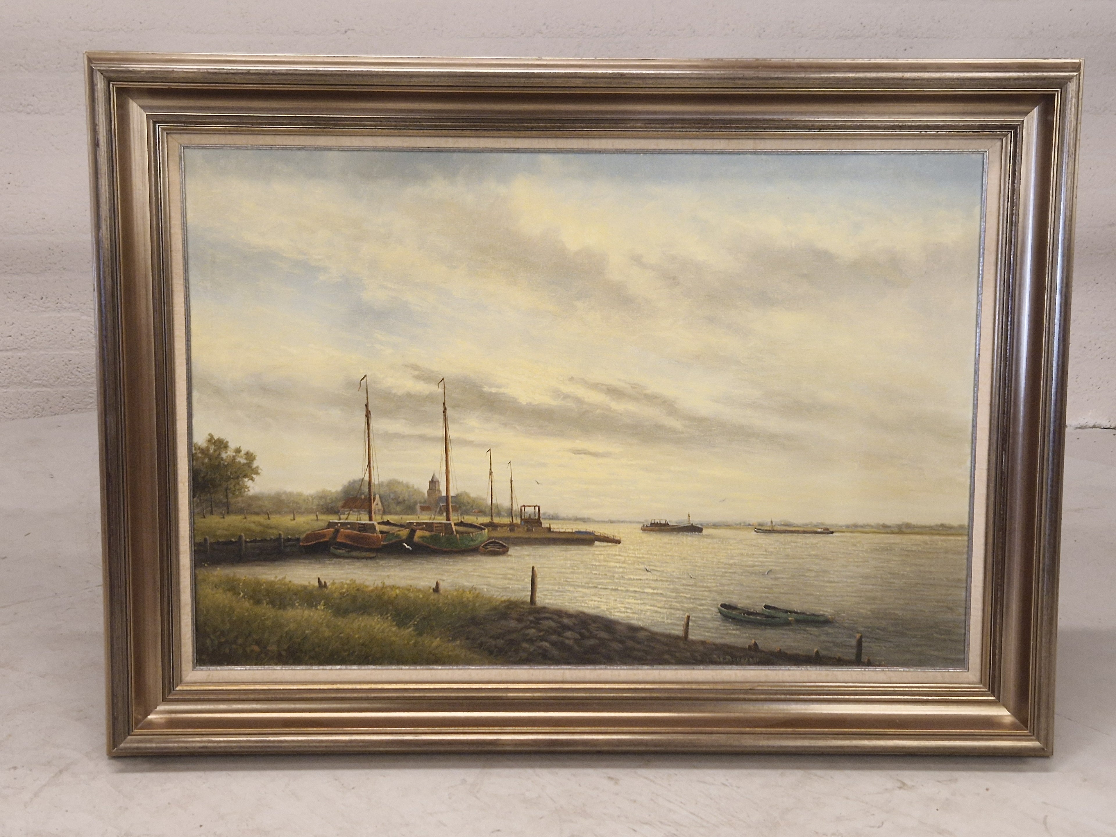 Schilderij riviergezicht, gesigneerd