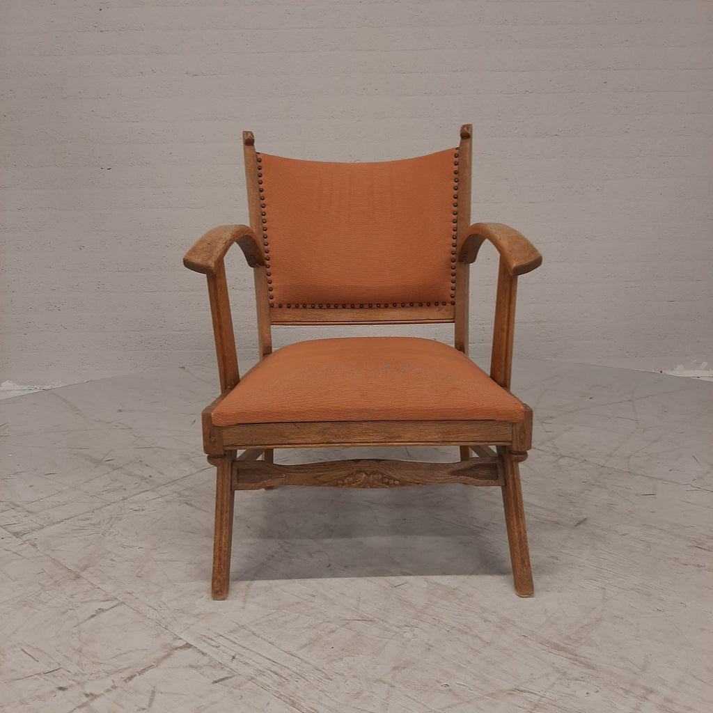 Vintage eiken fauteuil oranje bekleding